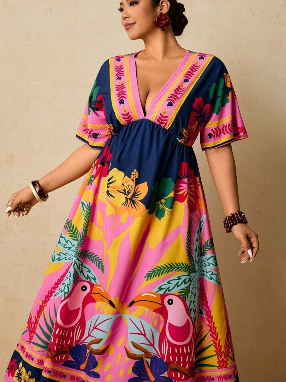 Multicolor Boho Women's Plus Size Tropical Print V-Neck Short Sleeve maxi Dress